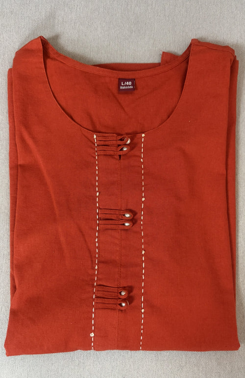 Brick Red Plain Cotton Kurti with Pintuck & Pearl Button Detail – 3/4 Sleeve