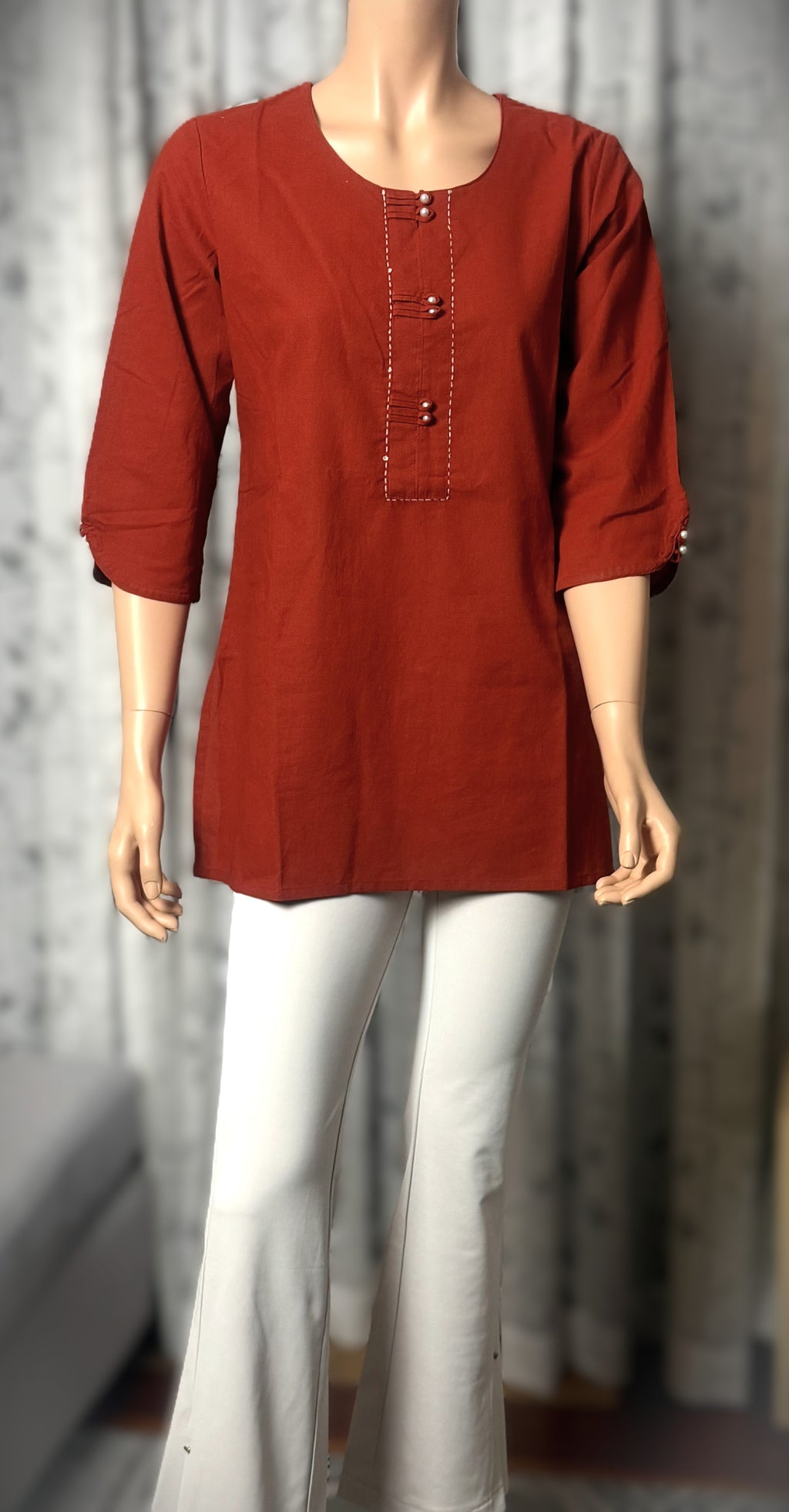 Brick Red Plain Cotton Kurti with Pintuck & Pearl Button Detail – 3/4 Sleeve
