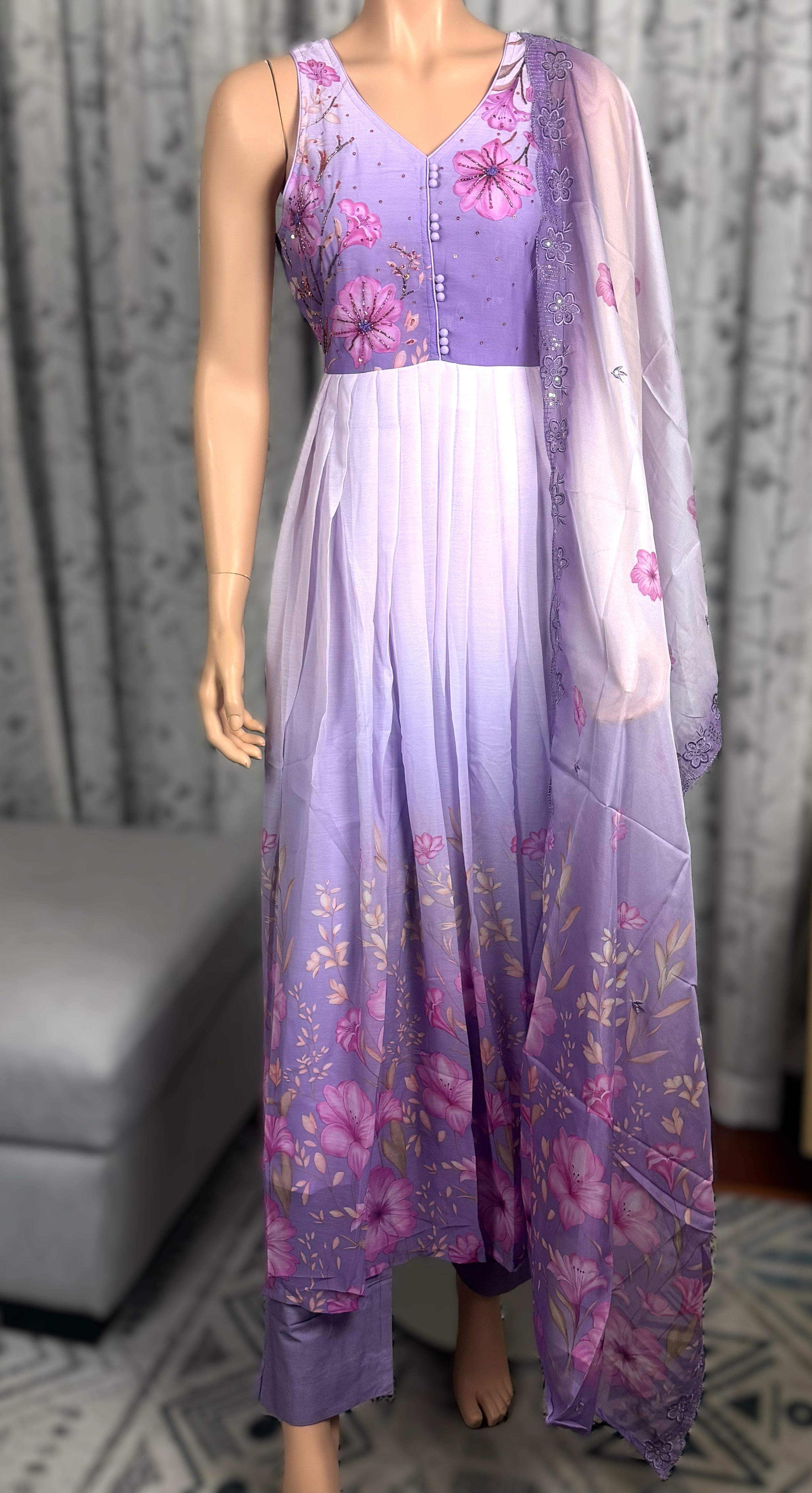 Lavender Floral Embroidered Anarkali Suit with Dupatta – 3-Piece Set
