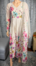 Cream Multicolour Floral Anarkali Suit with Embroidered Dupatta – 3-Piece Set
