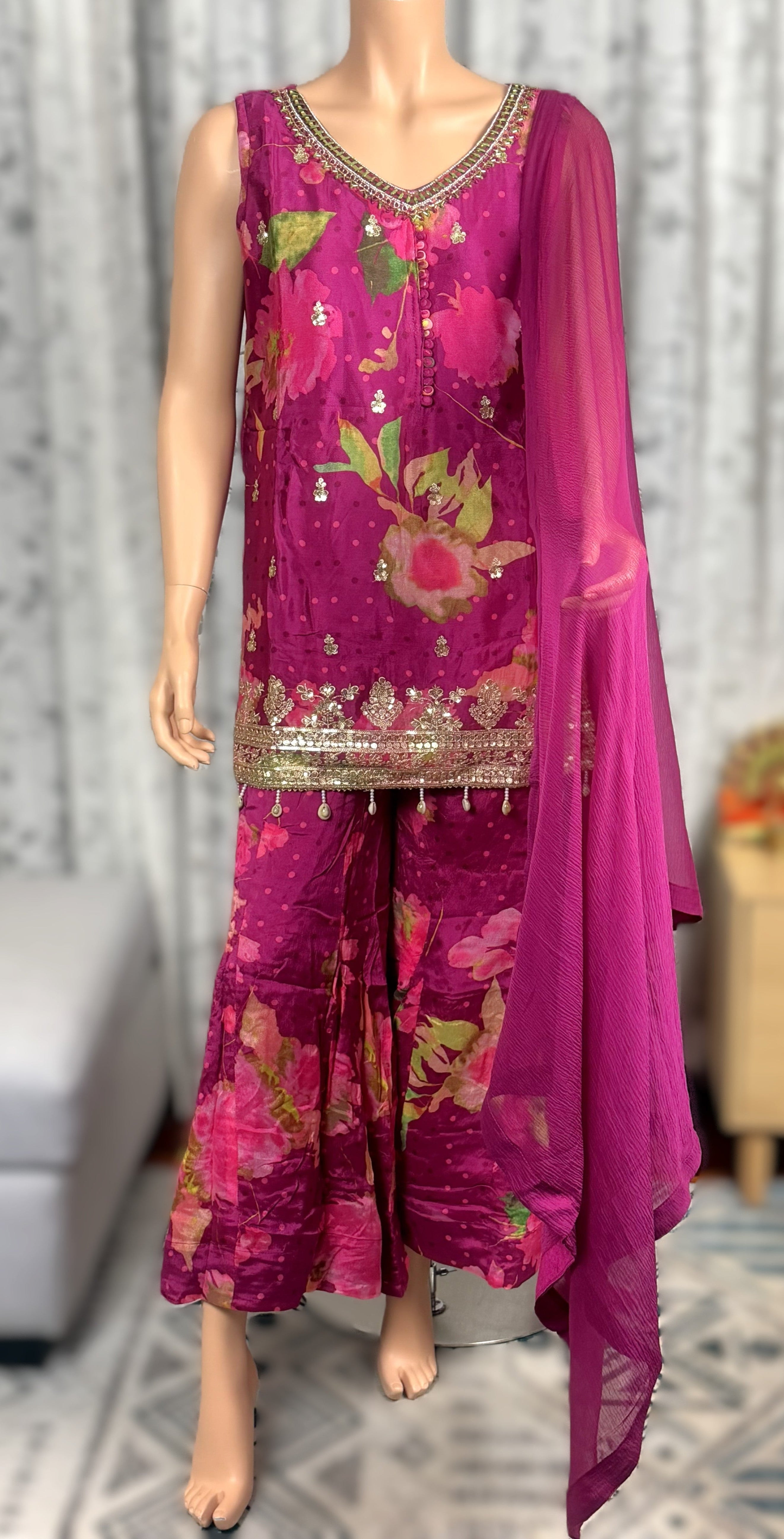 Magenta Floral Sharara Suit with Gold Embroidery & Dupatta – 3-Piece Set