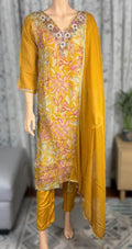 Mustard Floral Print Kurti Suit with Embroidered Neckline & Dupatta – 3-Piece Set