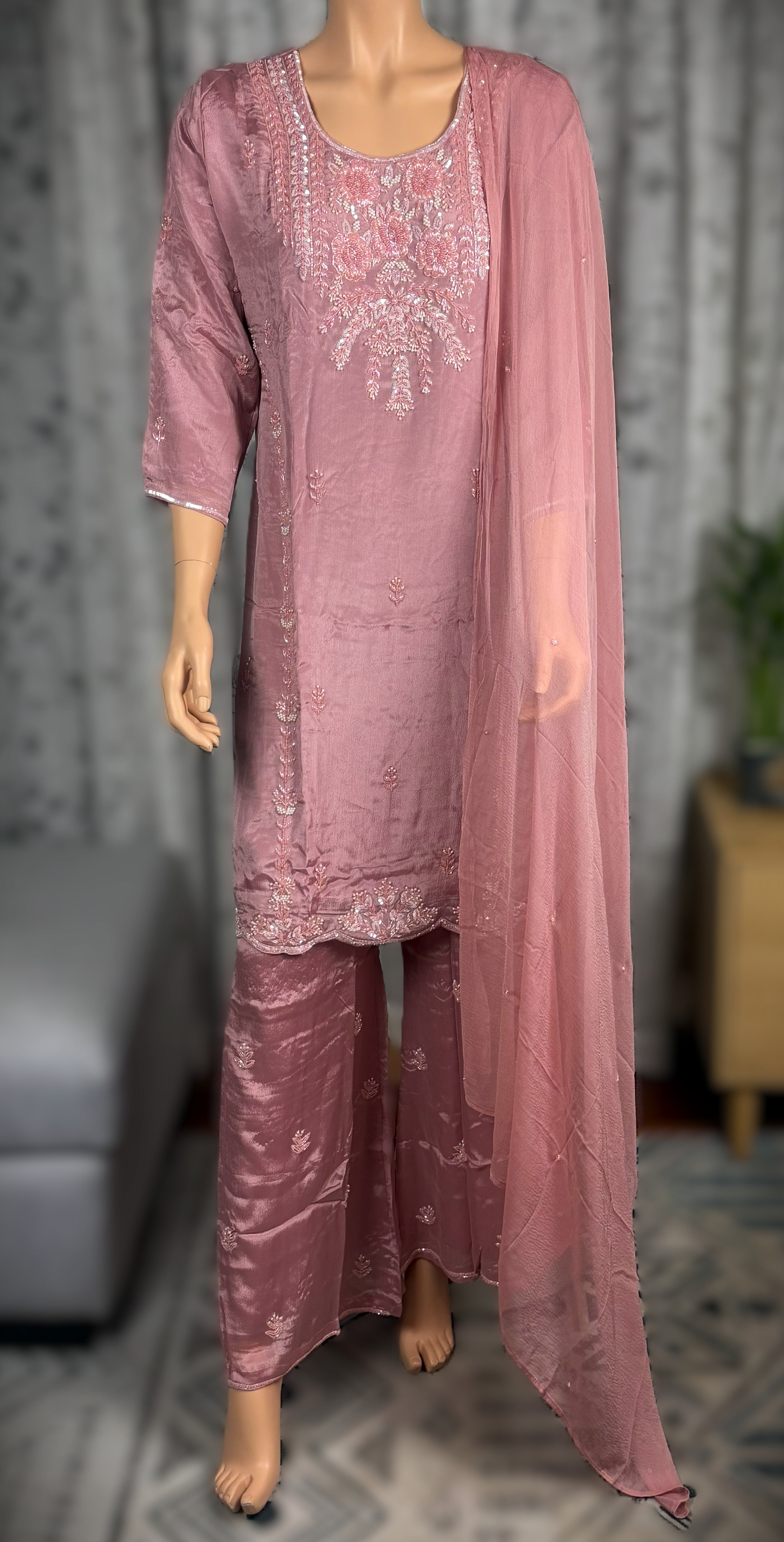 Dusty Rose Embroidered Silk Kurti Suit with Sequin Work & Dupatta – 3-Piece Set
