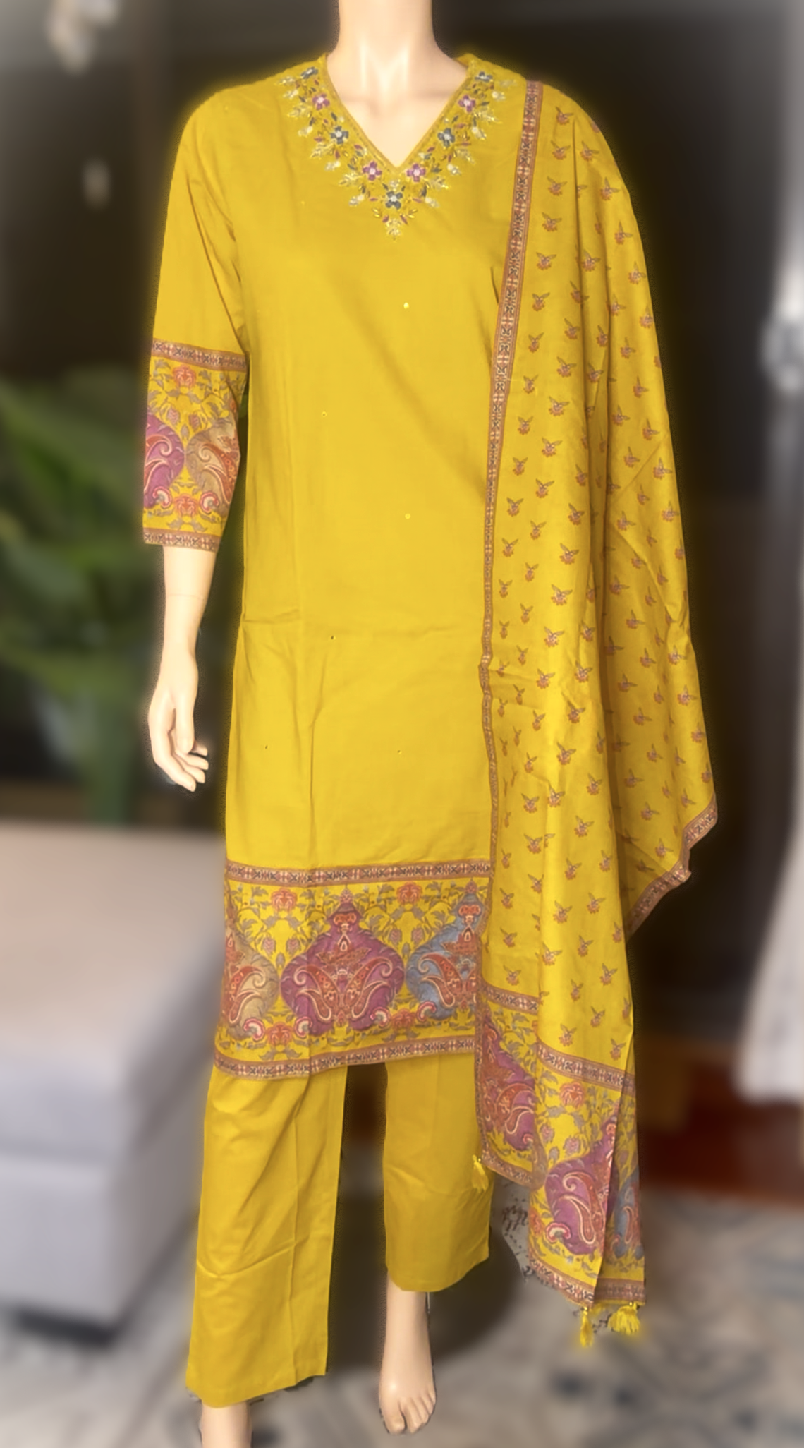 Women's Marigold Cotton Suit Set – V-Neck Embroidered Kurta with Matching Dupatta