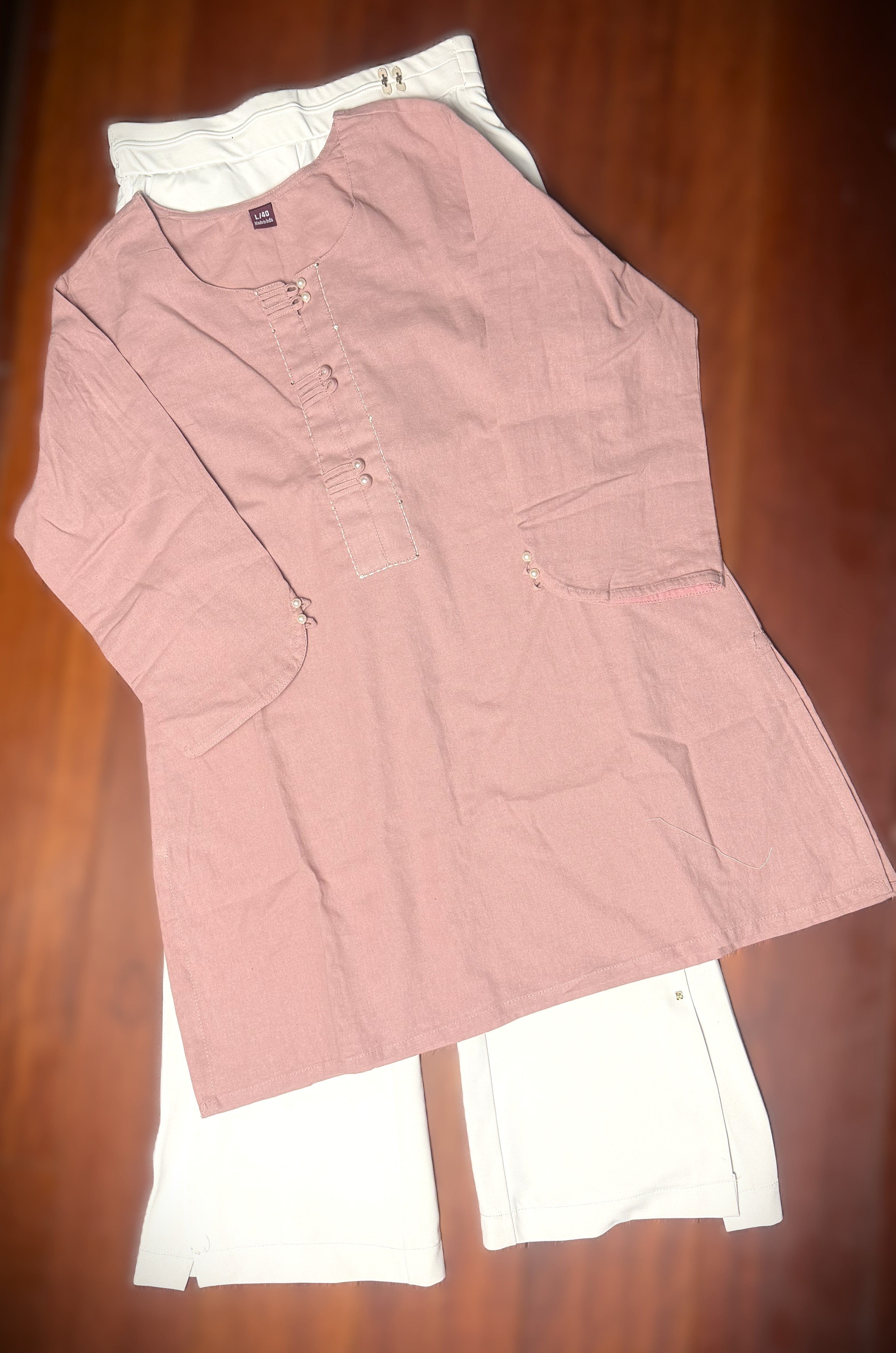 Brick Red Plain Cotton Kurti with Pintuck & Pearl Button Detail – 3/4 Sleeve