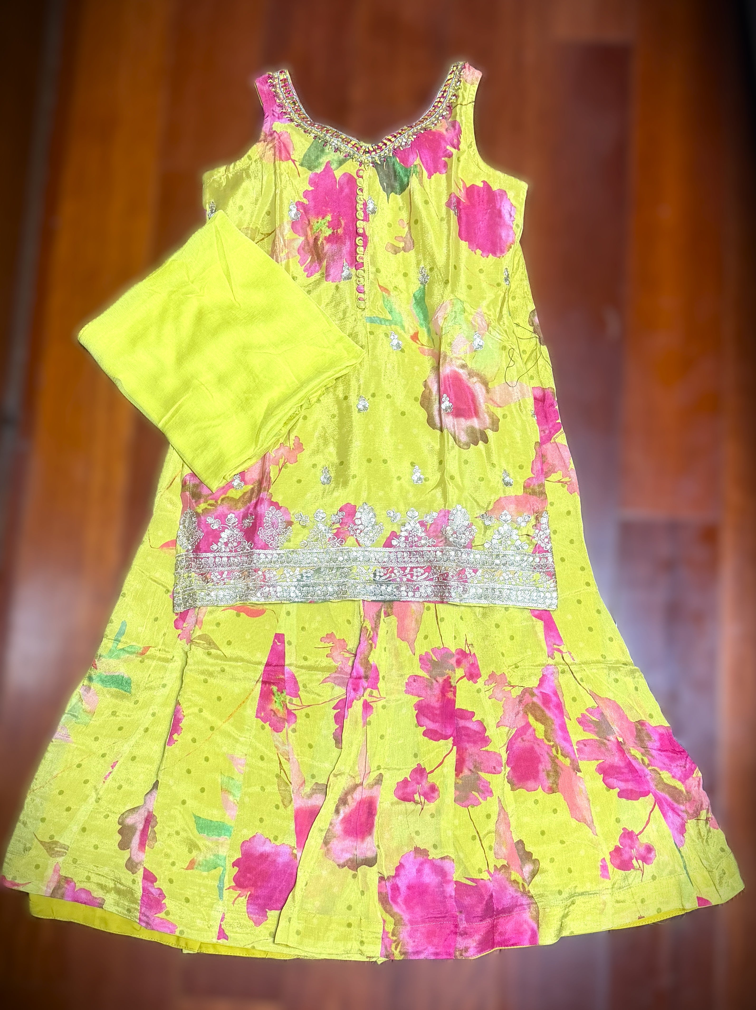 Magenta Floral Sharara Suit with Gold Embroidery & Dupatta – 3-Piece Set